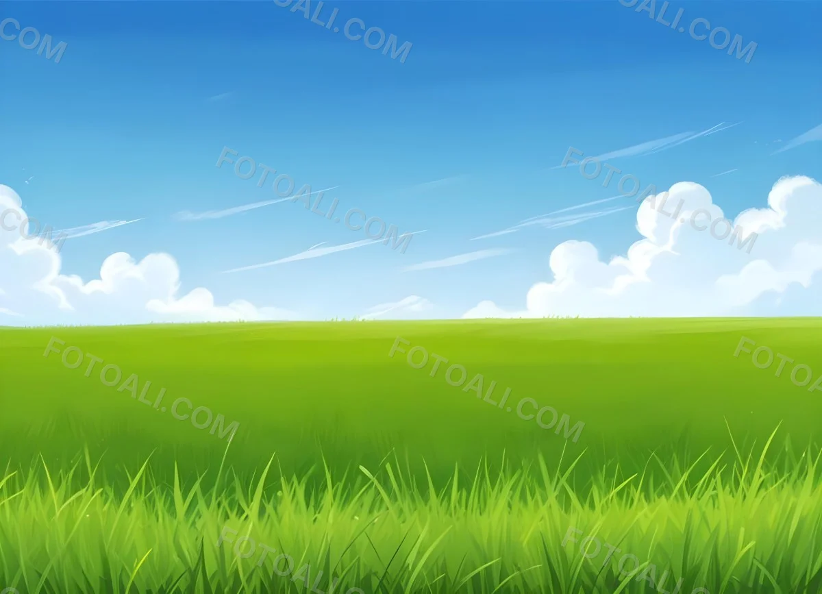 Green Grass Field With A Clear Blue Sky Some Clouds Sunny Day Bright Colors Cartoon Style Vibrant Peaceful Nature Outdoors 16 6731