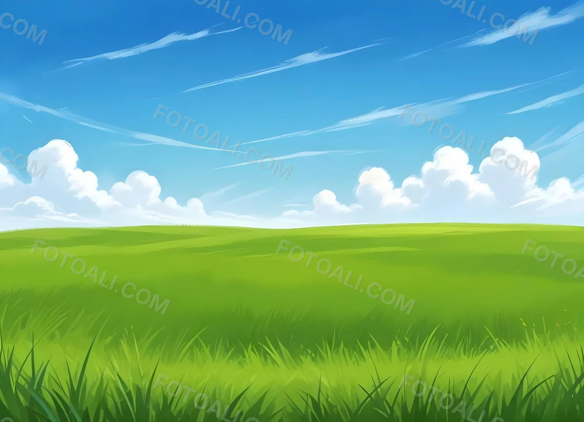 Green Grass Field With A Clear Blue Sky Some Clouds Sunny Day Bright Colors Cartoon Style Vibrant Peaceful Nature Outdoors 25 30ff
