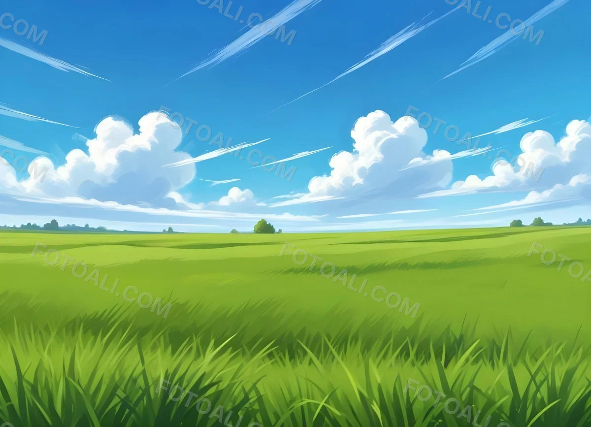 Green Grass Field With A Clear Blue Sky Some Clouds Sunny Day Bright Colors Cartoon Style Vibrant Peaceful Nature Outdoors 36 4e77