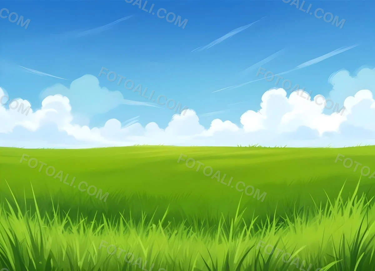 Green Grass Field With A Clear Blue Sky Some Clouds Sunny Day Bright Colors Cartoon Style Vibrant Peaceful Nature Outdoors 39 1695