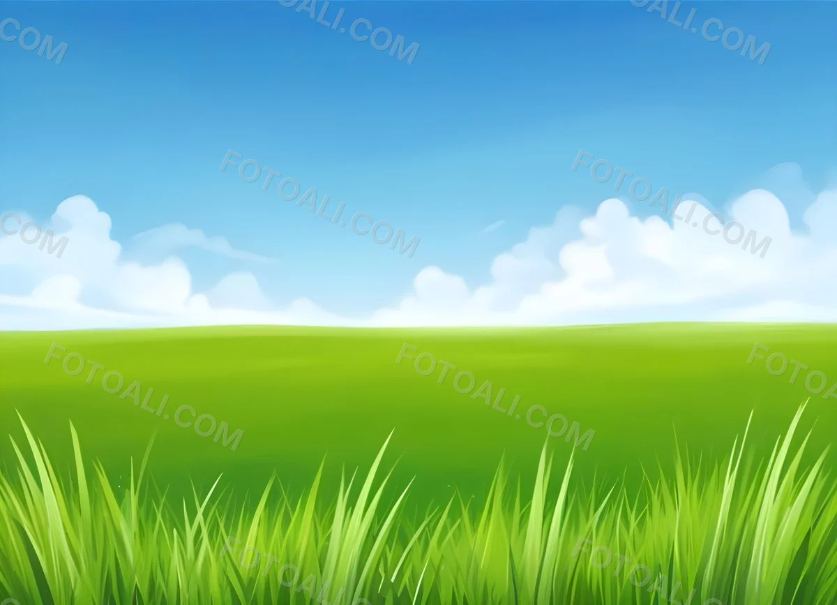 Green Grass Field With A Clear Blue Sky Some Clouds Sunny Day Bright Colors Cartoon Style Vibrant Peaceful Nature Outdoors 42 B595
