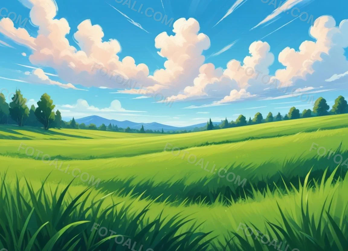 Green Grass Field With A Clear Blue Sky Some Clouds Sunny Day Bright Colors Cartoon Style Vibrant Peaceful Nature Outdoors 5 1916