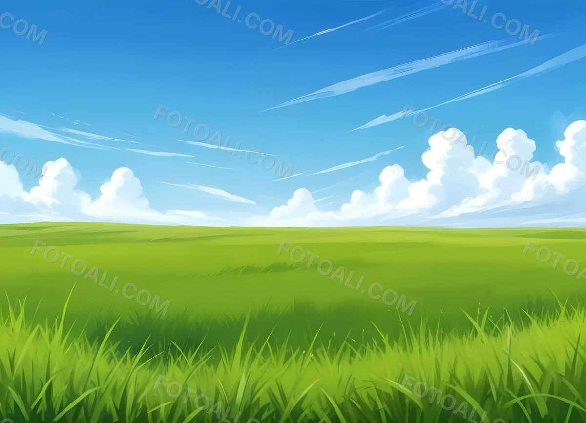 Green Grass Field With A Clear Blue Sky Some Clouds Sunny Day Bright Colors Cartoon Style Vibrant Peaceful Nature Outdoors 6 46d9