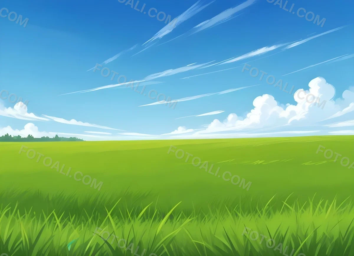 Green Grass Field With A Clear Blue Sky Some Clouds Sunny Day Bright Colors Cartoon Style Vibrant Peaceful Nature Outdoors 7 1a8e