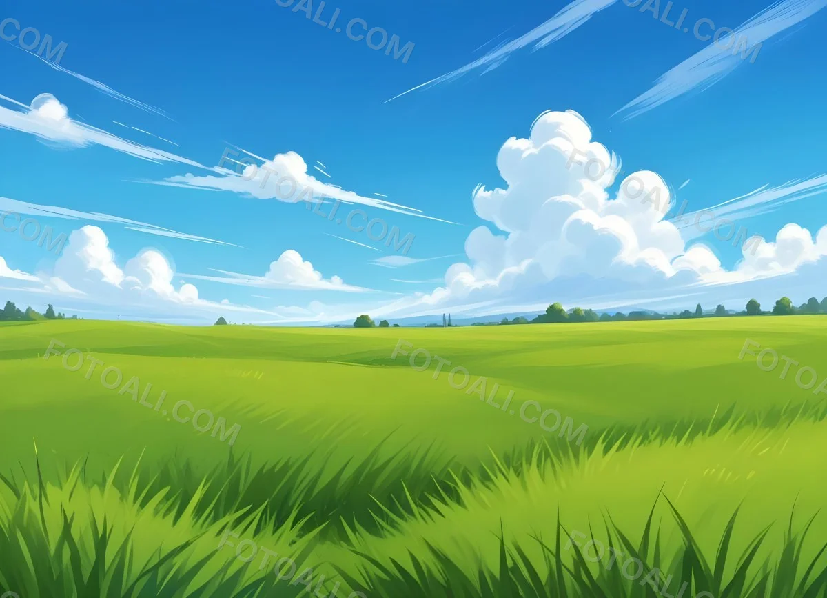 Green Grass Field With A Clear Blue Sky Some Clouds Sunny Day Bright Colors Cartoon Style Vibrant Peaceful Nature Outdoors 8 660c