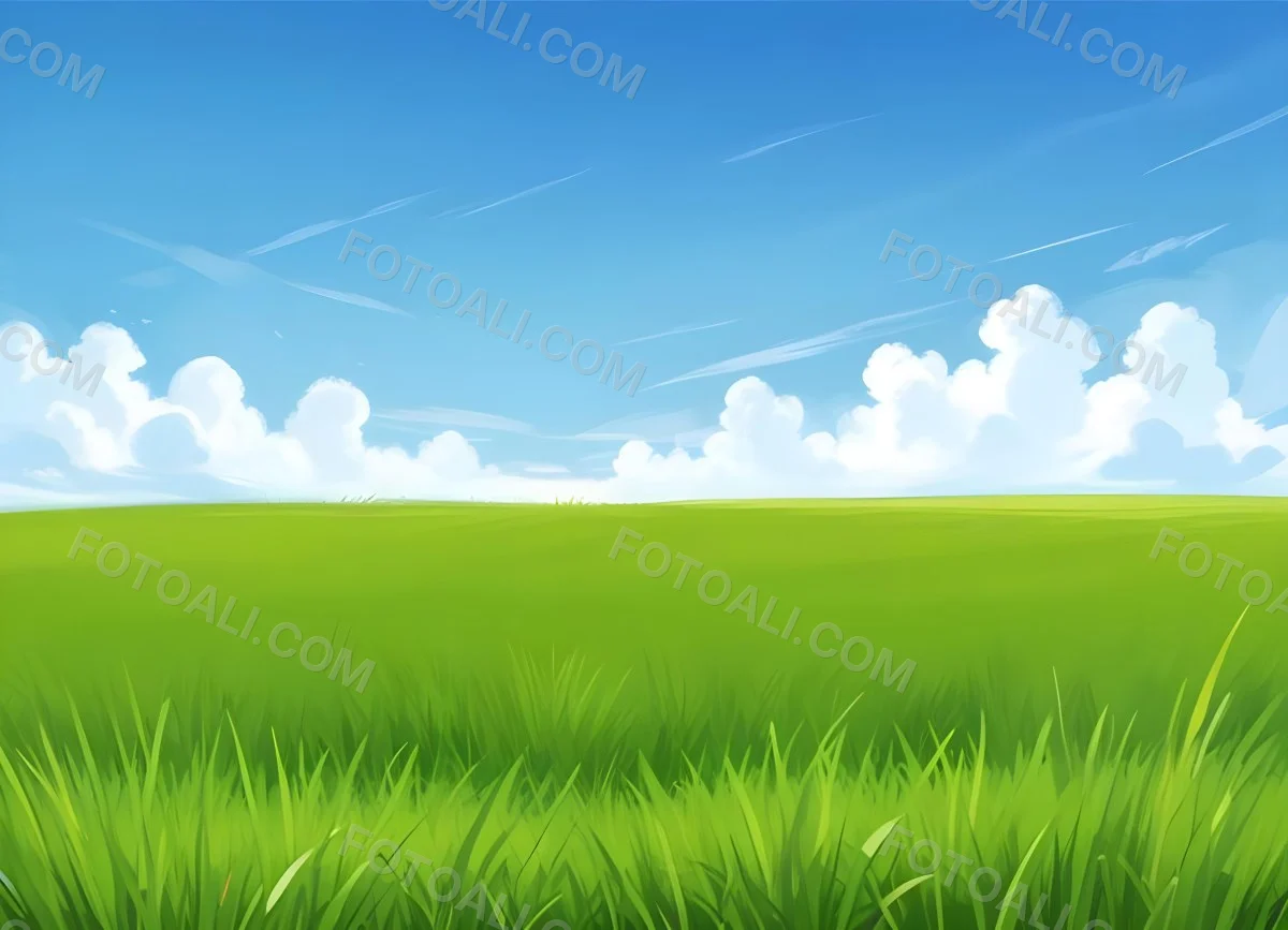 Green Grass Field With A Clear Blue Sky Some Clouds Sunny Day Bright Colors Cartoon Style Vibrant Peaceful Nature Outdoors 9 48fa