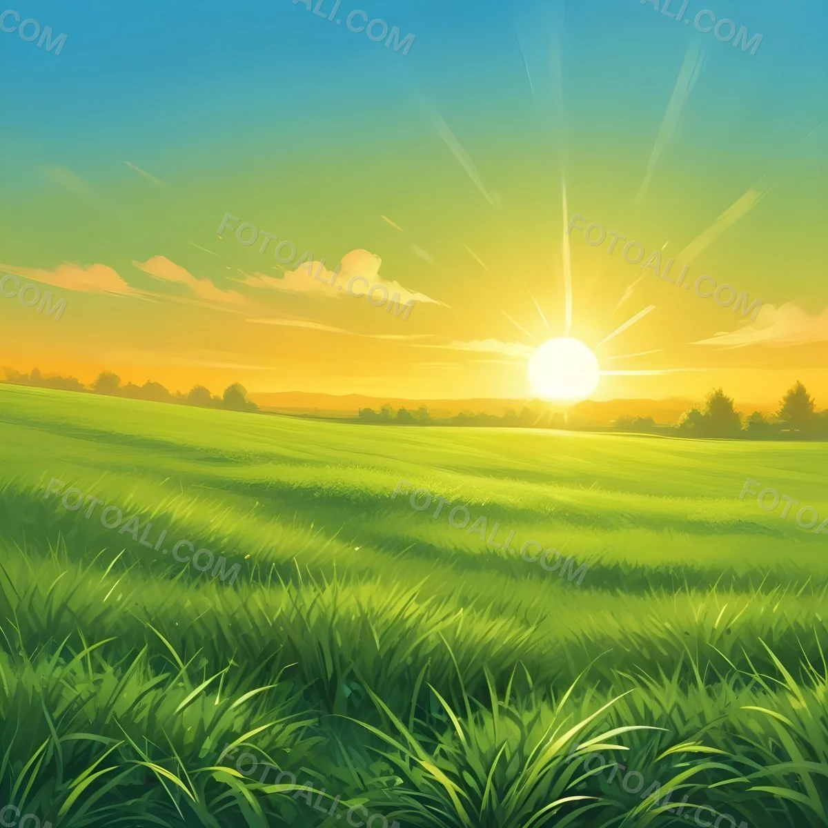 Green Grass Field With A Vibrant Green Color A Clear Blue Sky With A Bright Sun Shining Creating A Warm And Inviting Atmosphere Perfect For A Peaceful Day 17 C507