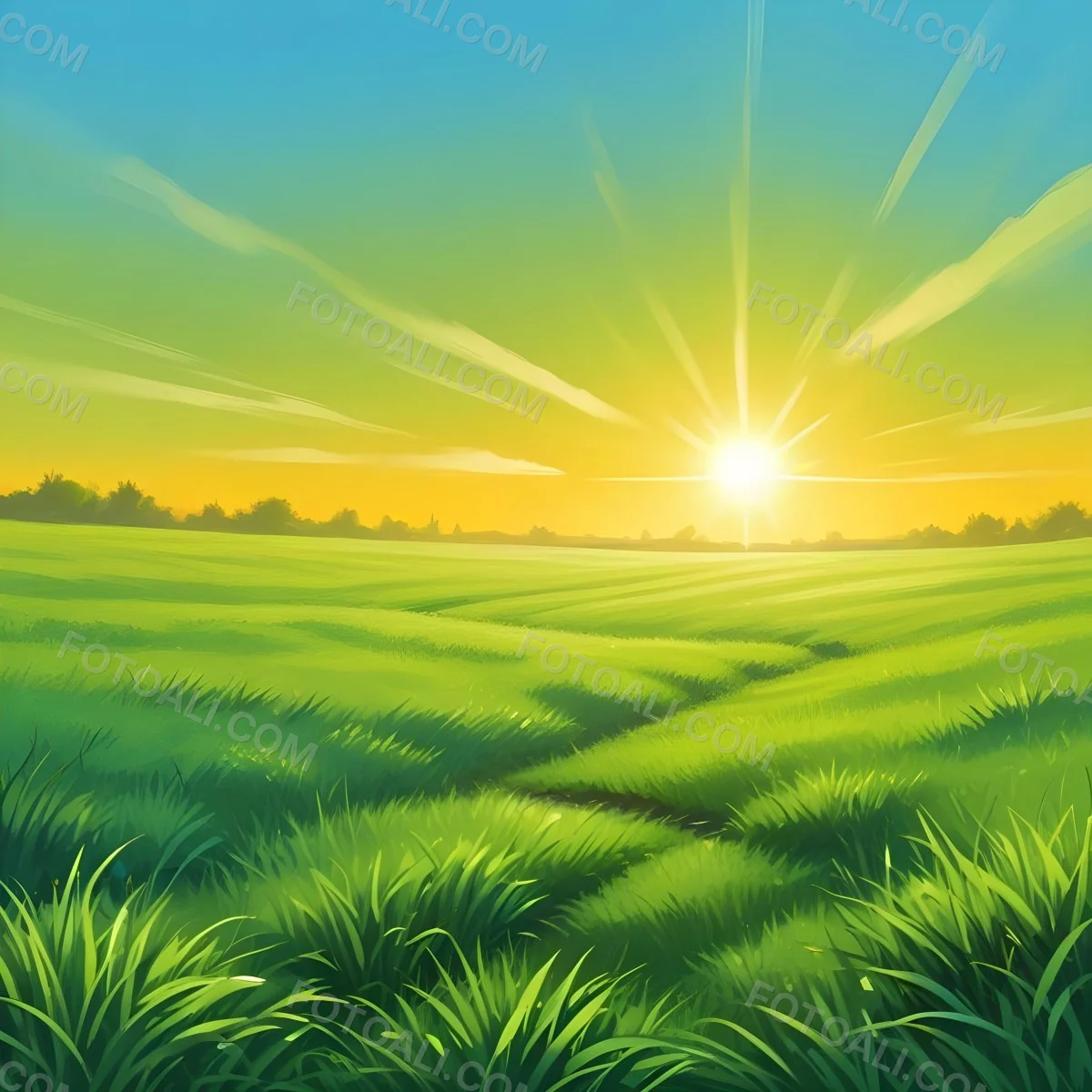 Green Grass Field With A Vibrant Green Color A Clear Blue Sky With A Bright Sun Shining Creating A Warm And Inviting Atmosphere Perfect For A Peaceful Day 21 36c1