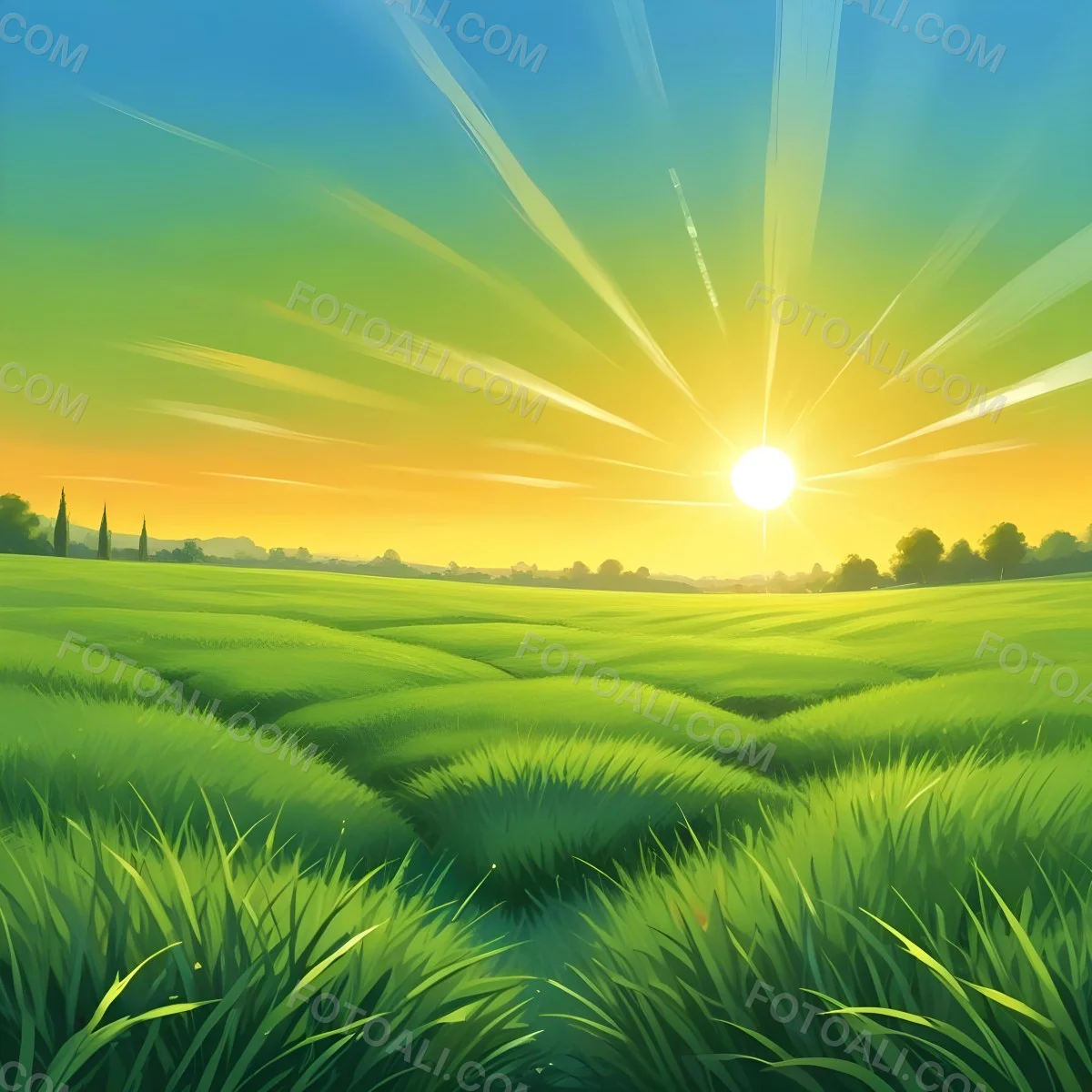 Green Grass Field With A Vibrant Green Color A Clear Blue Sky With A Bright Sun Shining Creating A Warm And Inviting Atmosphere Perfect For A Peaceful Day 22 De63
