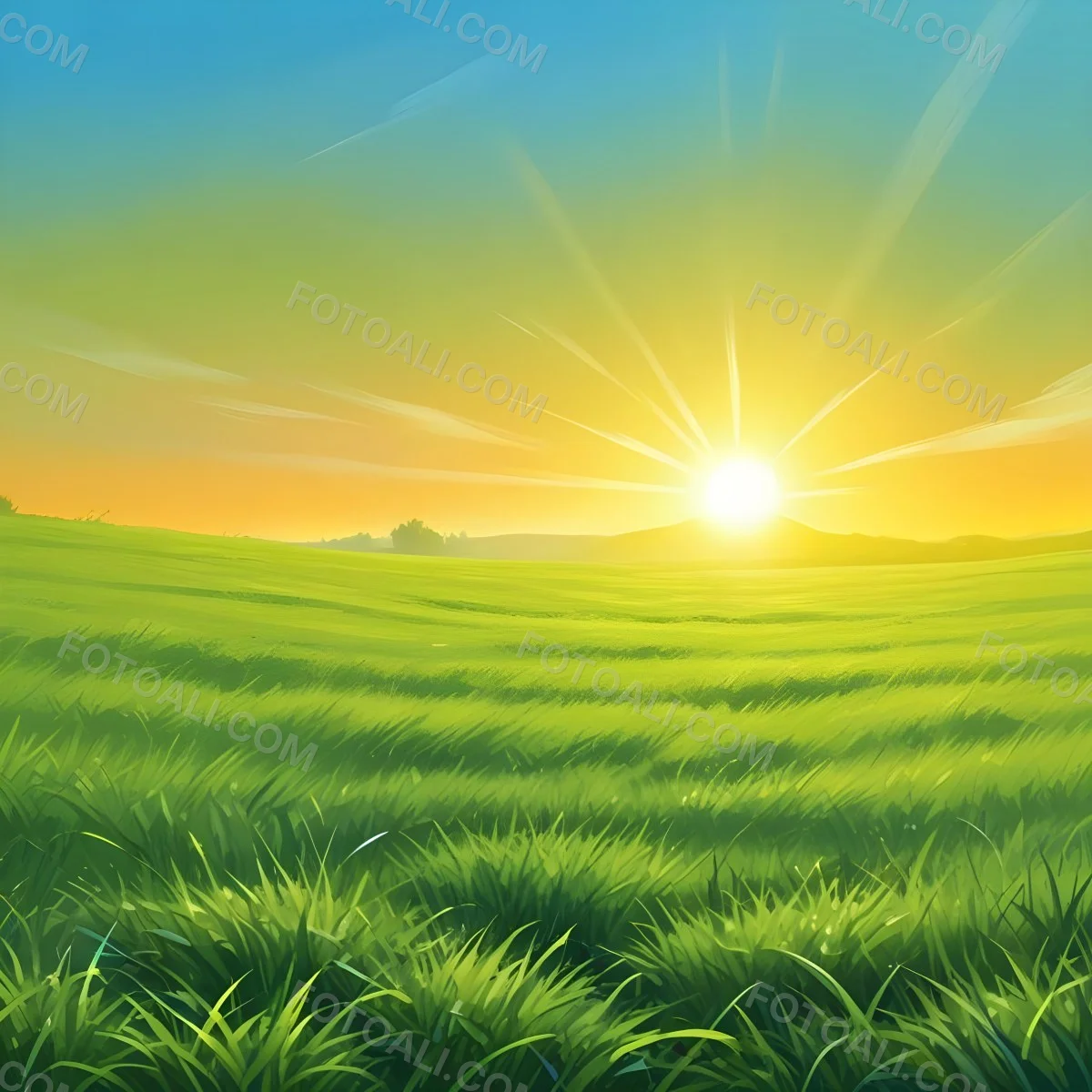 Green Grass Field With A Vibrant Green Color A Clear Blue Sky With A Bright Sun Shining Creating A Warm And Inviting Atmosphere Perfect For A Peaceful Day 25 3e7b