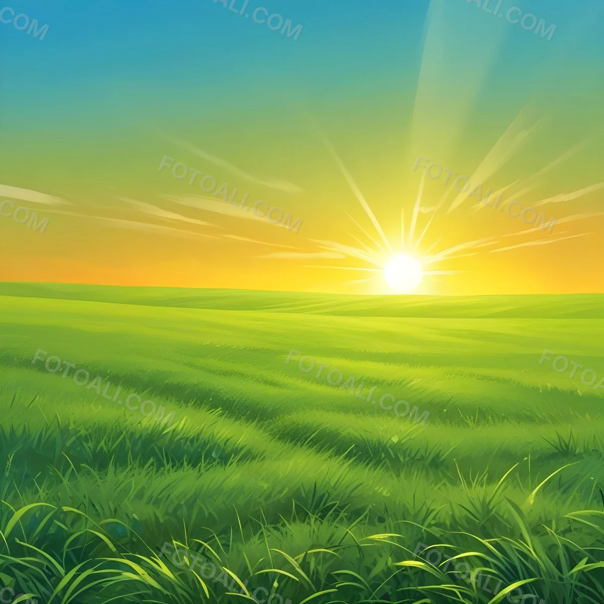 Green Grass Field With A Vibrant Green Color A Clear Blue Sky With A Bright Sun Shining Creating A Warm And Inviting Atmosphere Perfect For A Peaceful Day 32 5782