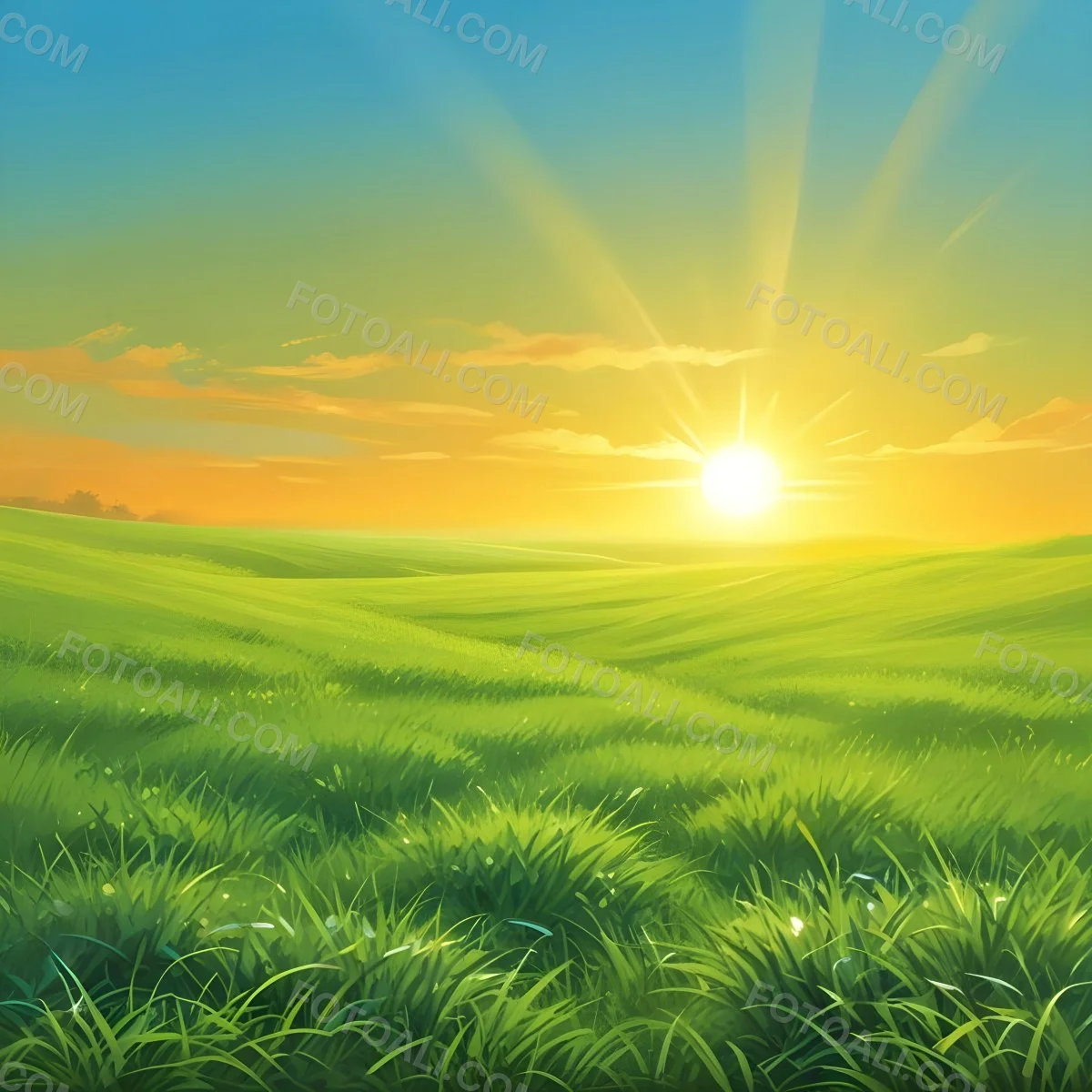 Green Grass Field With A Vibrant Green Color A Clear Blue Sky With A Bright Sun Shining Creating A Warm And Inviting Atmosphere Perfect For A Peaceful Day 34 632b
