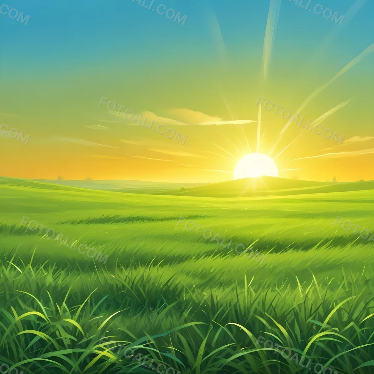 Green Grass Field With A Vibrant Green Color A Clear Blue Sky With A Bright Sun Shining Creating A Warm And Inviting Atmosphere Perfect For A Peaceful Day 35 A6d6