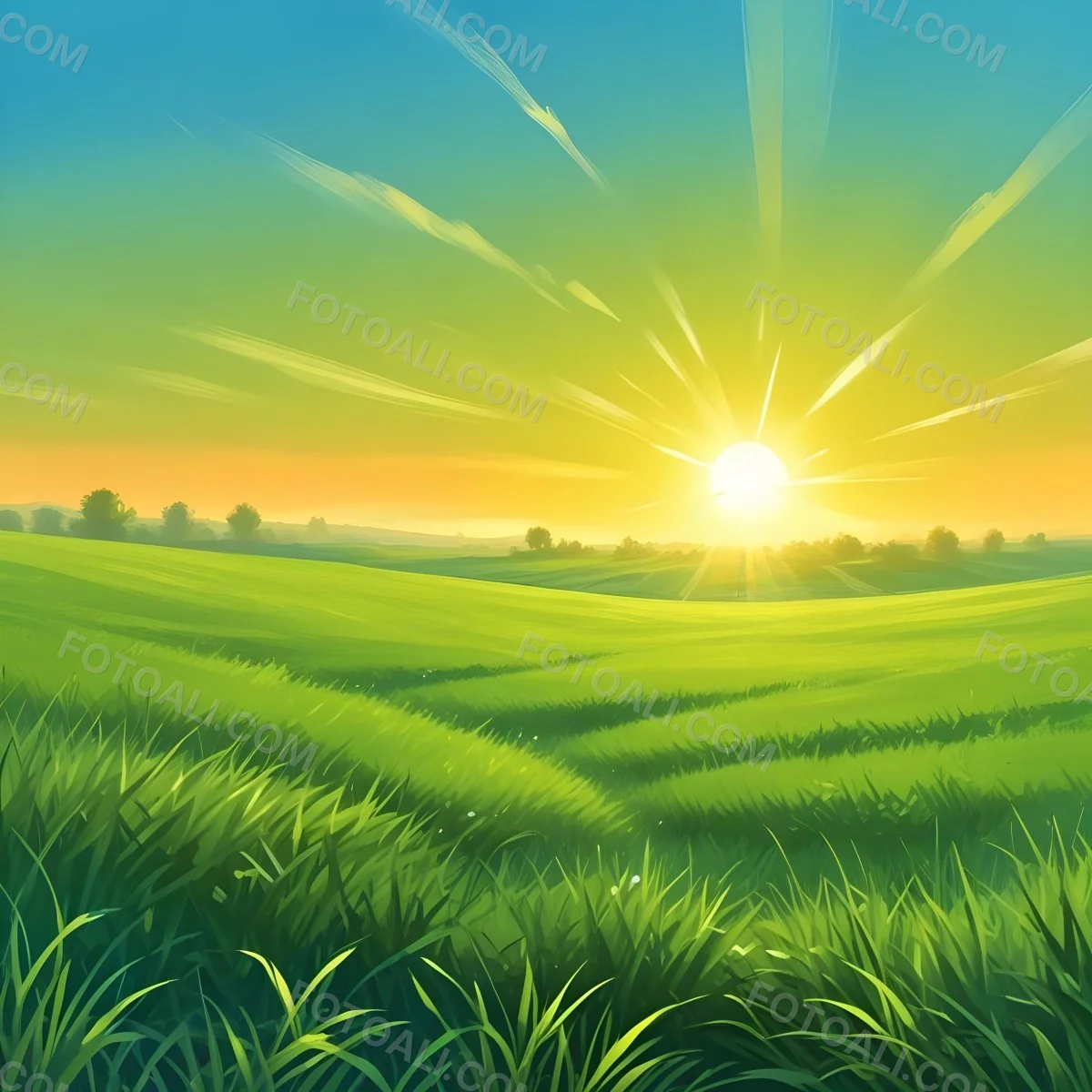 Green Grass Field With A Vibrant Green Color A Clear Blue Sky With A Bright Sun Shining Creating A Warm And Inviting Atmosphere Perfect For A Peaceful Day 36 57c2