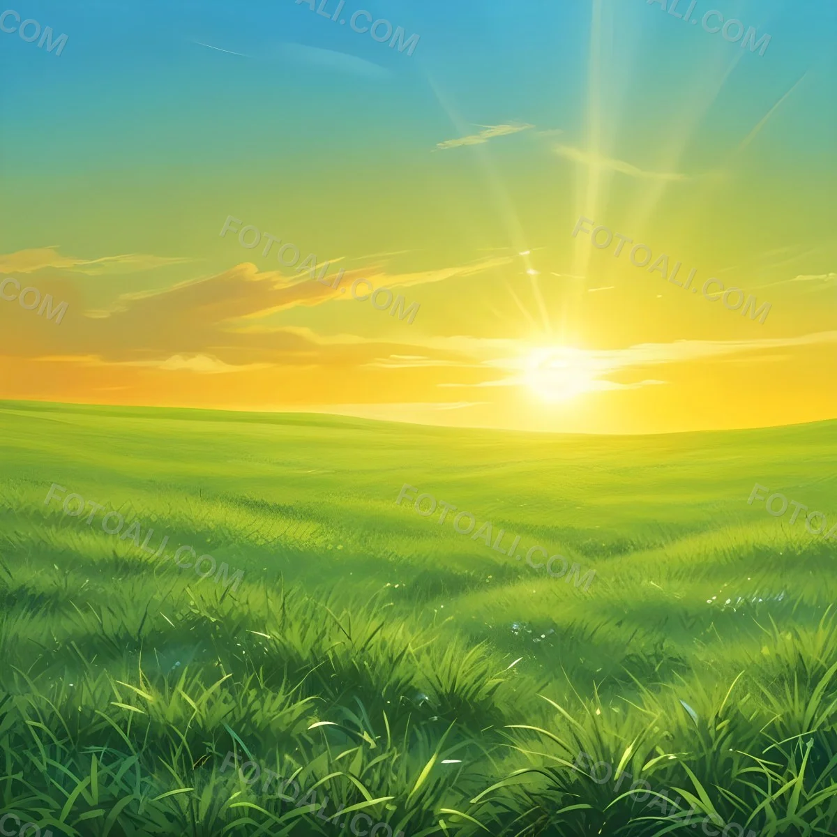 Green Grass Field With A Vibrant Green Color A Clear Blue Sky With A Bright Sun Shining Creating A Warm And Inviting Atmosphere Perfect For A Peaceful Day 6 8d38