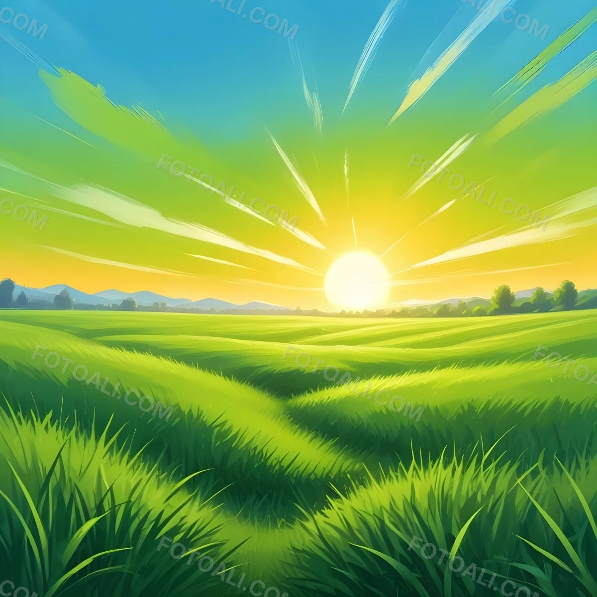Green Grass Field With A Vibrant Green Color A Clear Blue Sky With A Bright Sun Shining Creating A Warm And Inviting Atmosphere Perfect For A Peaceful Day 7 89da