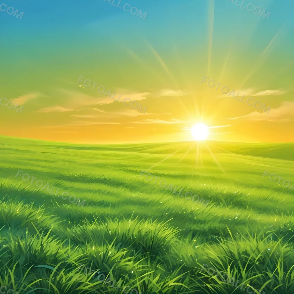 Green Grass Field With A Vibrant Green Color A Clear Blue Sky With A Bright Sun Shining Creating A Warm And Inviting Atmosphere Perfect For A Peaceful Day 8 Bf83