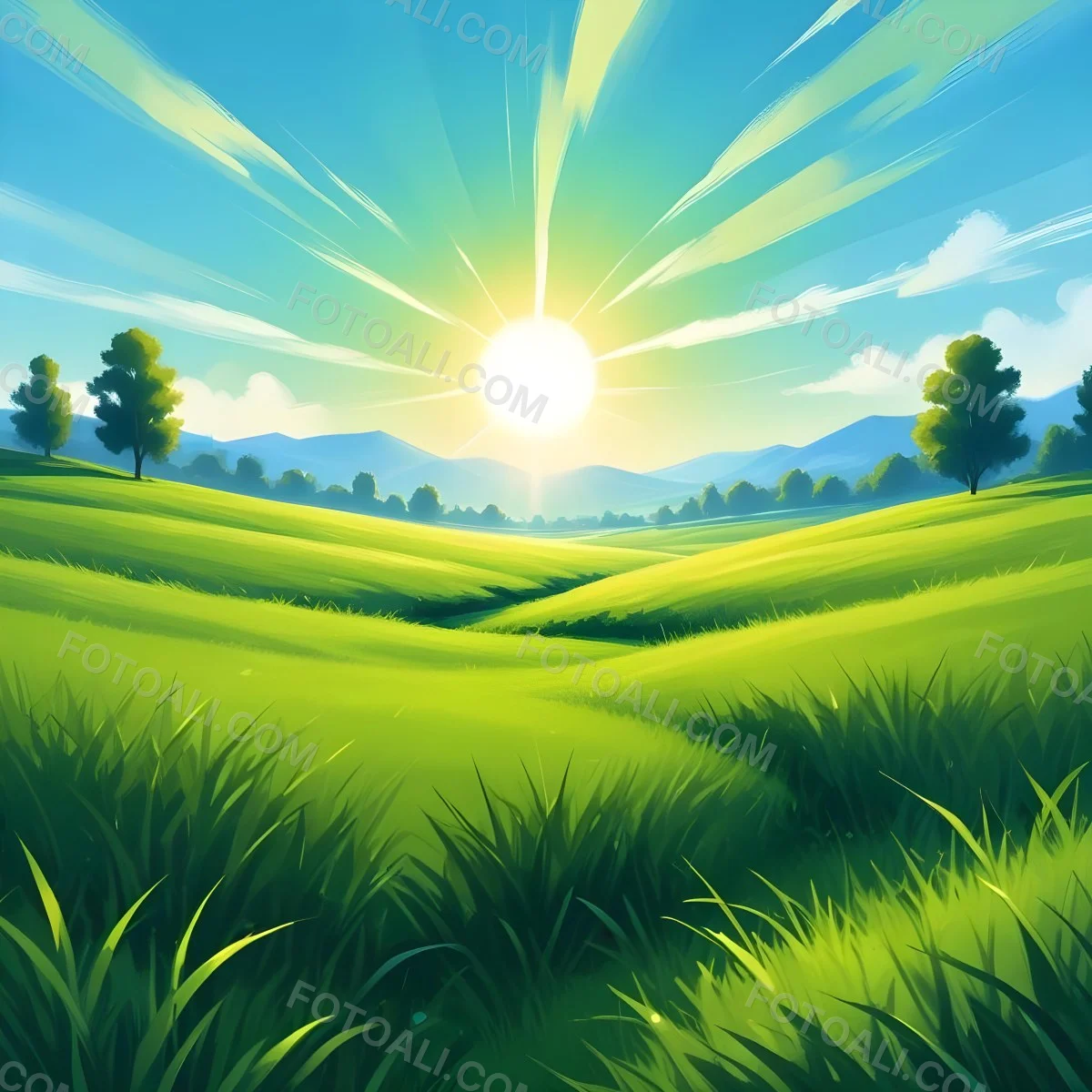 Green Grass Field With A Vibrant Green Color A Clear Blue Sky With A Bright Sun Shining Creating A Warm And Inviting Atmosphere Perfect For A Peaceful Day 9 28ff