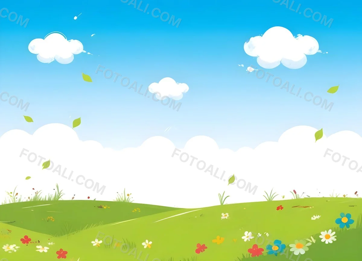 Green Grass Field With Flowers And Some Leaves Falling White Clouds In A Blue Sky 10 4db6