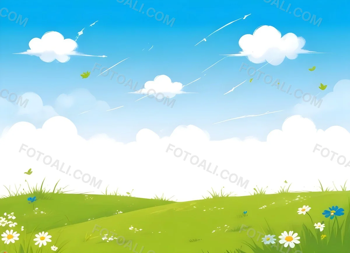 Green Grass Field With Flowers And Some Leaves Falling White Clouds In A Blue Sky 15 B524