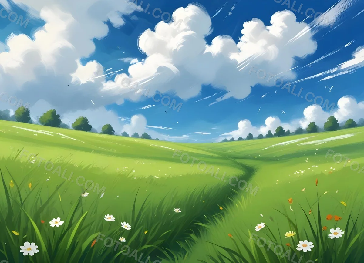 Green Grass Field With Flowers And Some Leaves Falling White Clouds In A Blue Sky 18 892e