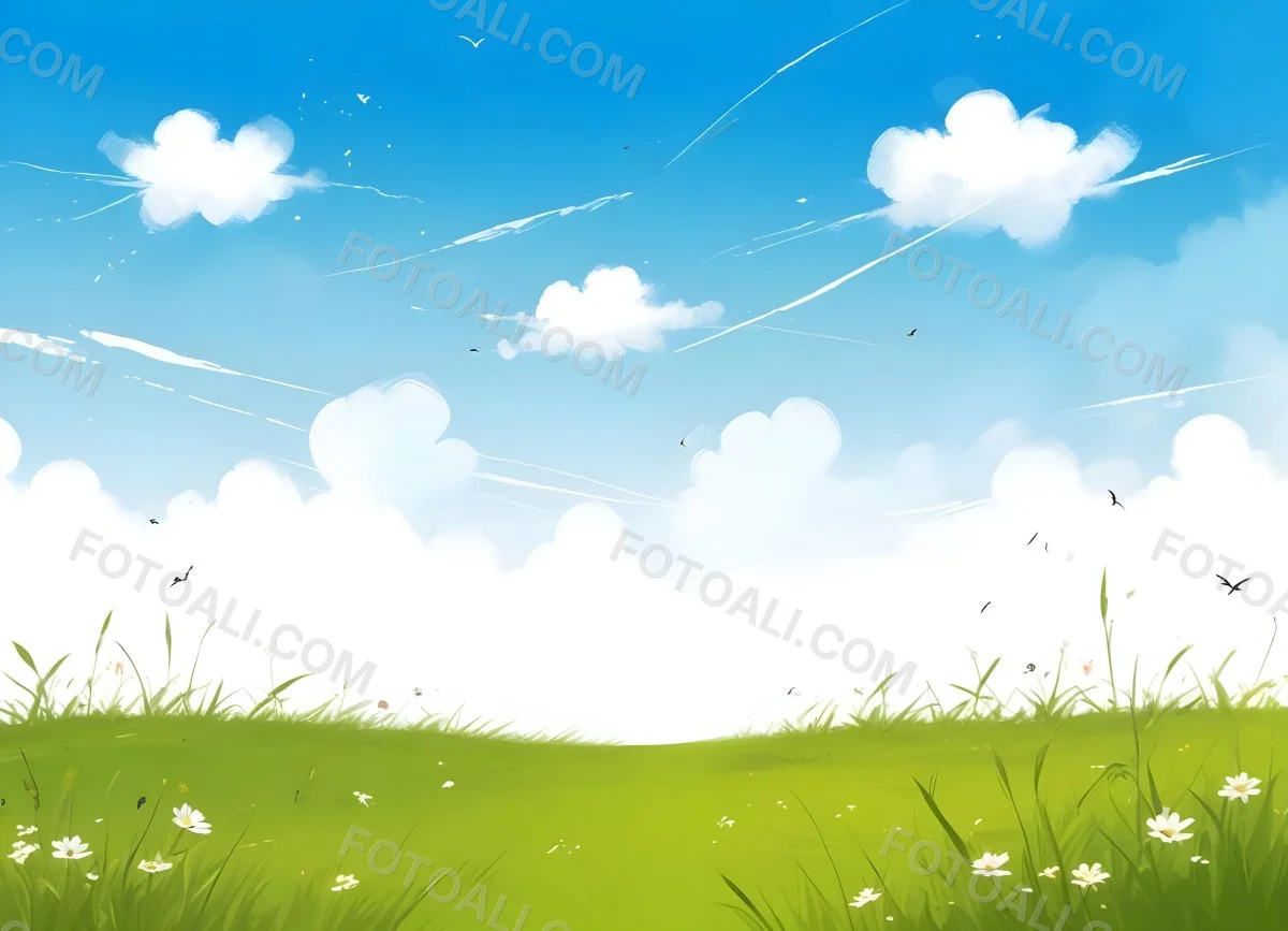 Green Grass Field With Flowers And Some Leaves Falling White Clouds In A Blue Sky 19 02b4