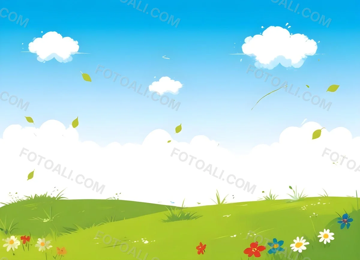 Green Grass Field With Flowers And Some Leaves Falling White Clouds In A Blue Sky 2 3548