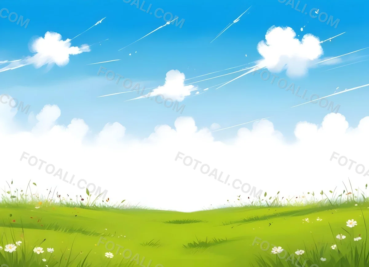 Green Grass Field With Flowers And Some Leaves Falling White Clouds In A Blue Sky 20 5bcb