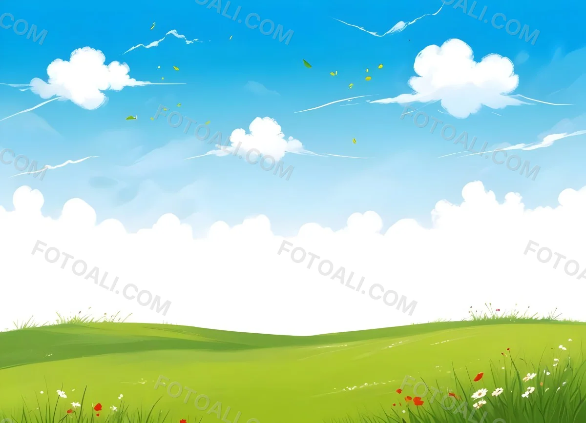 Green Grass Field With Flowers And Some Leaves Falling White Clouds In A Blue Sky 21 B71b