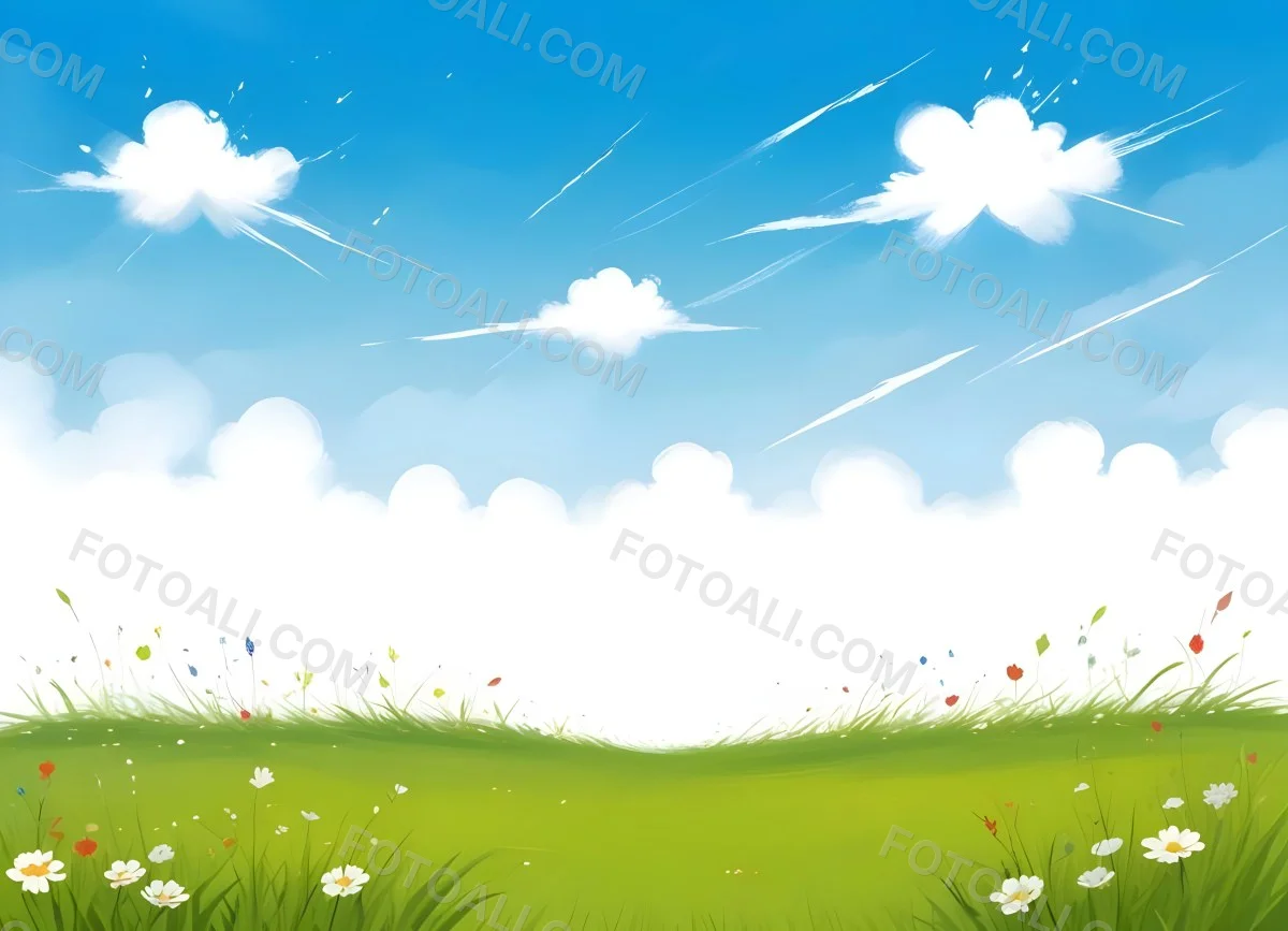 Green Grass Field With Flowers And Some Leaves Falling White Clouds In A Blue Sky 22 Ecb0