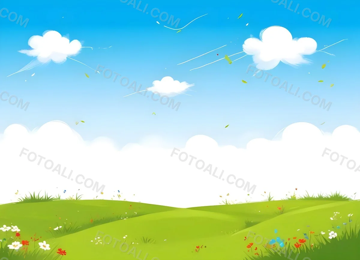 Green Grass Field With Flowers And Some Leaves Falling White Clouds In A Blue Sky 4 9f31