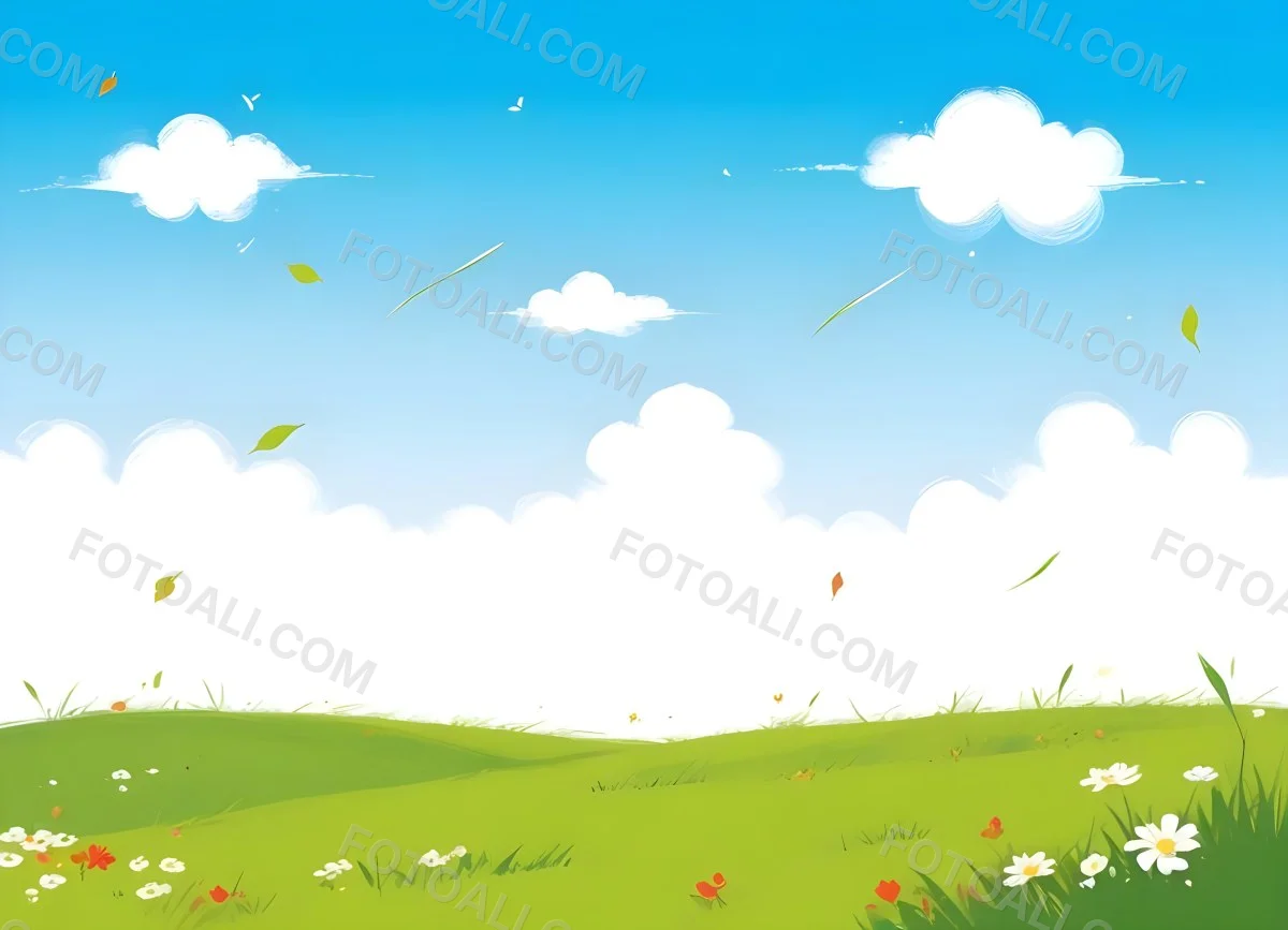 Green Grass Field With Flowers And Some Leaves Falling White Clouds In A Blue Sky 6 6e0f