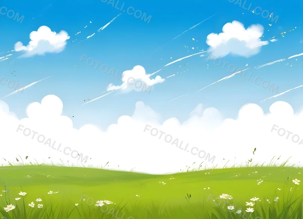 Green Grass Field With Flowers And Some Leaves Falling White Clouds In A Blue Sky 7 Cf7e