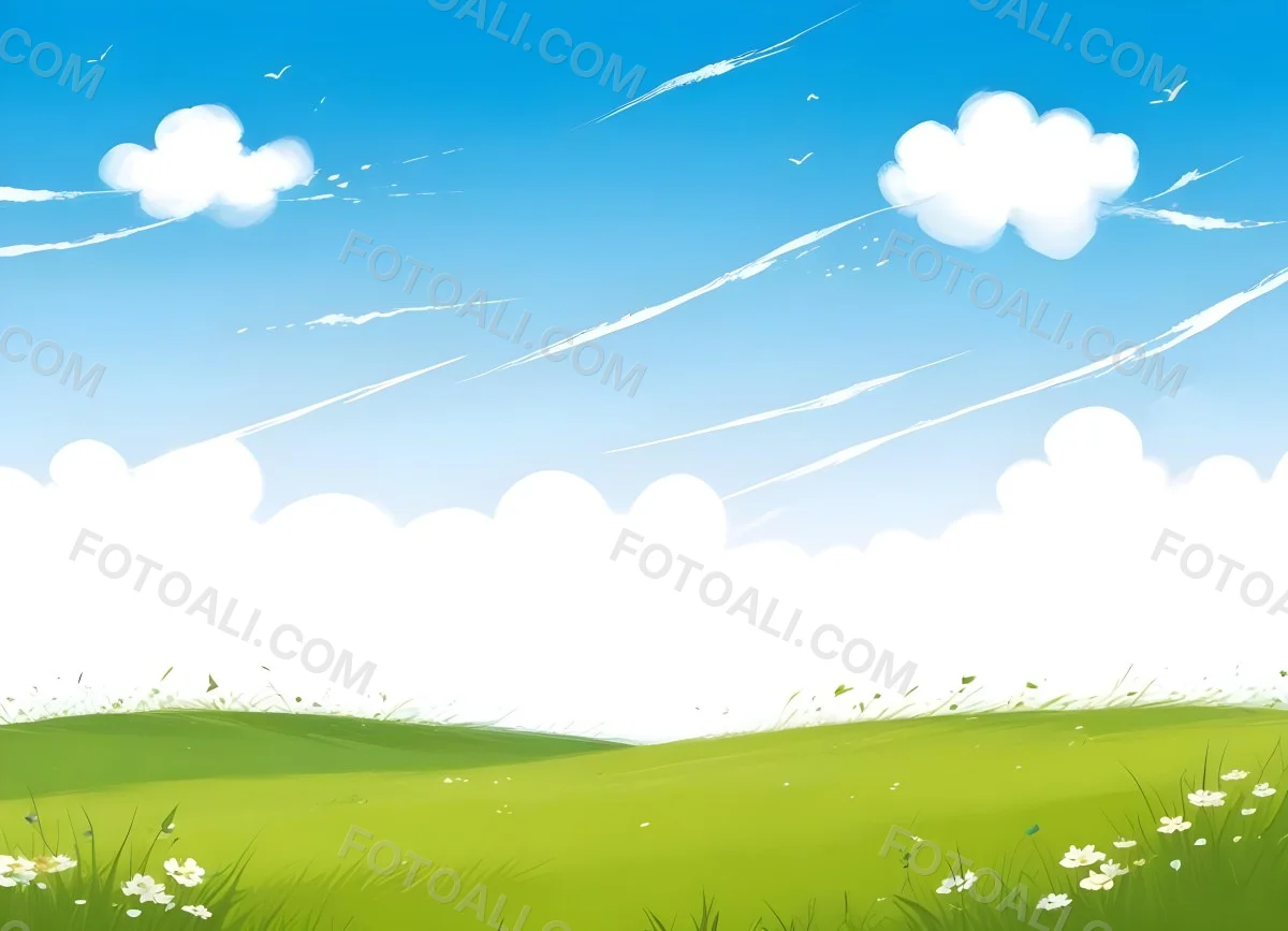 Green Grass Field With Flowers And Some Leaves Falling White Clouds In A Blue Sky 8 Ae56