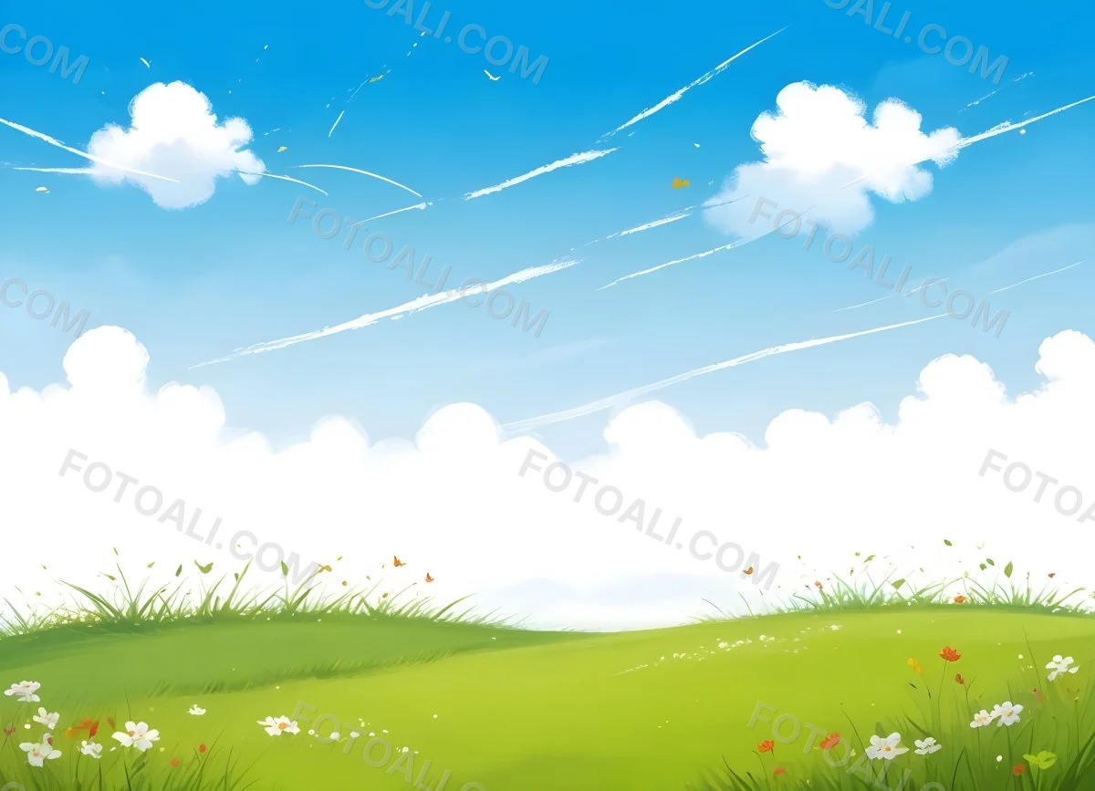 Green Grass Field With Flowers And Some Leaves Falling White Clouds In A Blue Sky 9 F65b