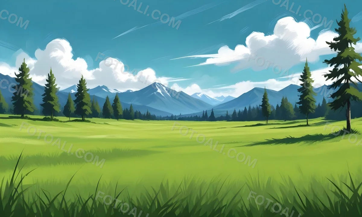 Green Grass Field With Some Grass In The Foreground Blue Sky With White Clouds Mountains And Trees In The Background 13 2fbe