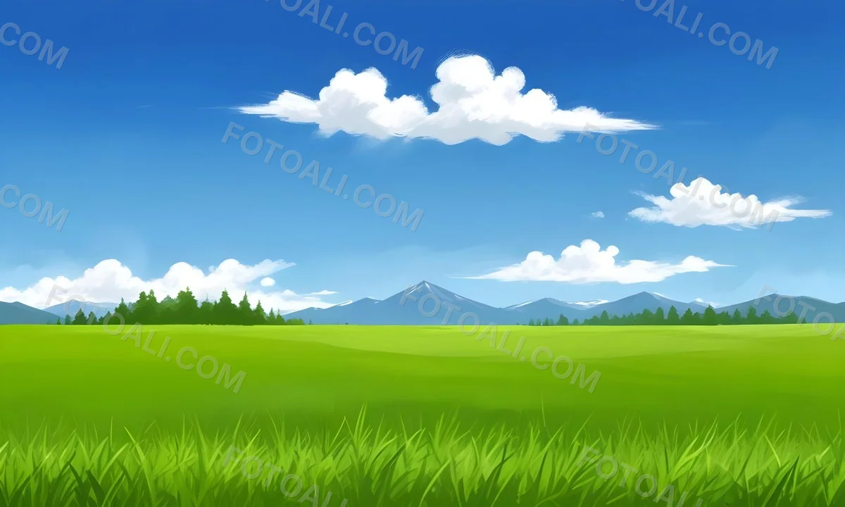 Green Grass Field With Some Grass In The Foreground Blue Sky With White Clouds Mountains And Trees In The Background 16 435d