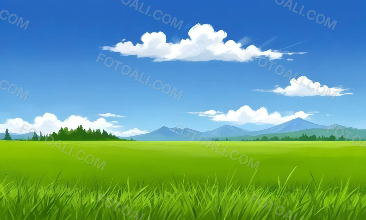 Green Grass Field With Some Grass In The Foreground Blue Sky With White Clouds Mountains And Trees In The Background 2 489a