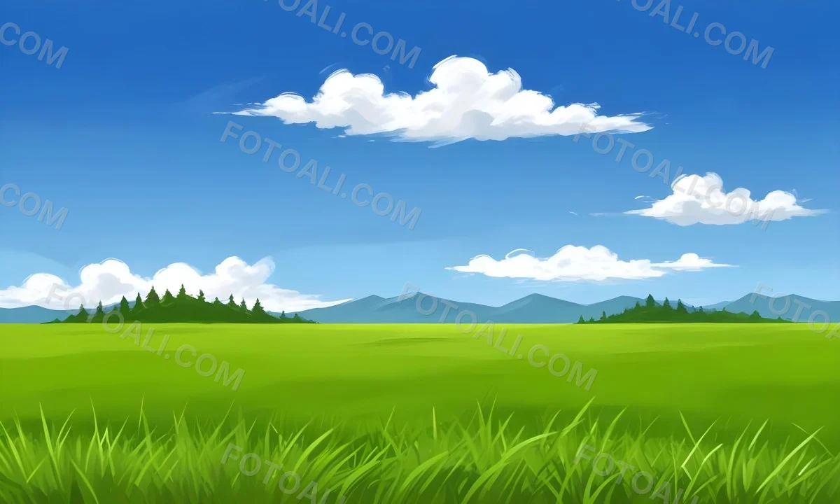 Green Grass Field With Some Grass In The Foreground Blue Sky With White Clouds Mountains And Trees In The Background 28 5056