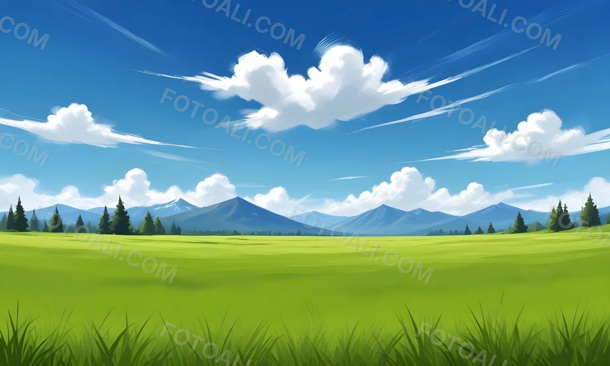 Green Grass Field With Some Grass In The Foreground Blue Sky With White Clouds Mountains And Trees In The Background 3 Ed17