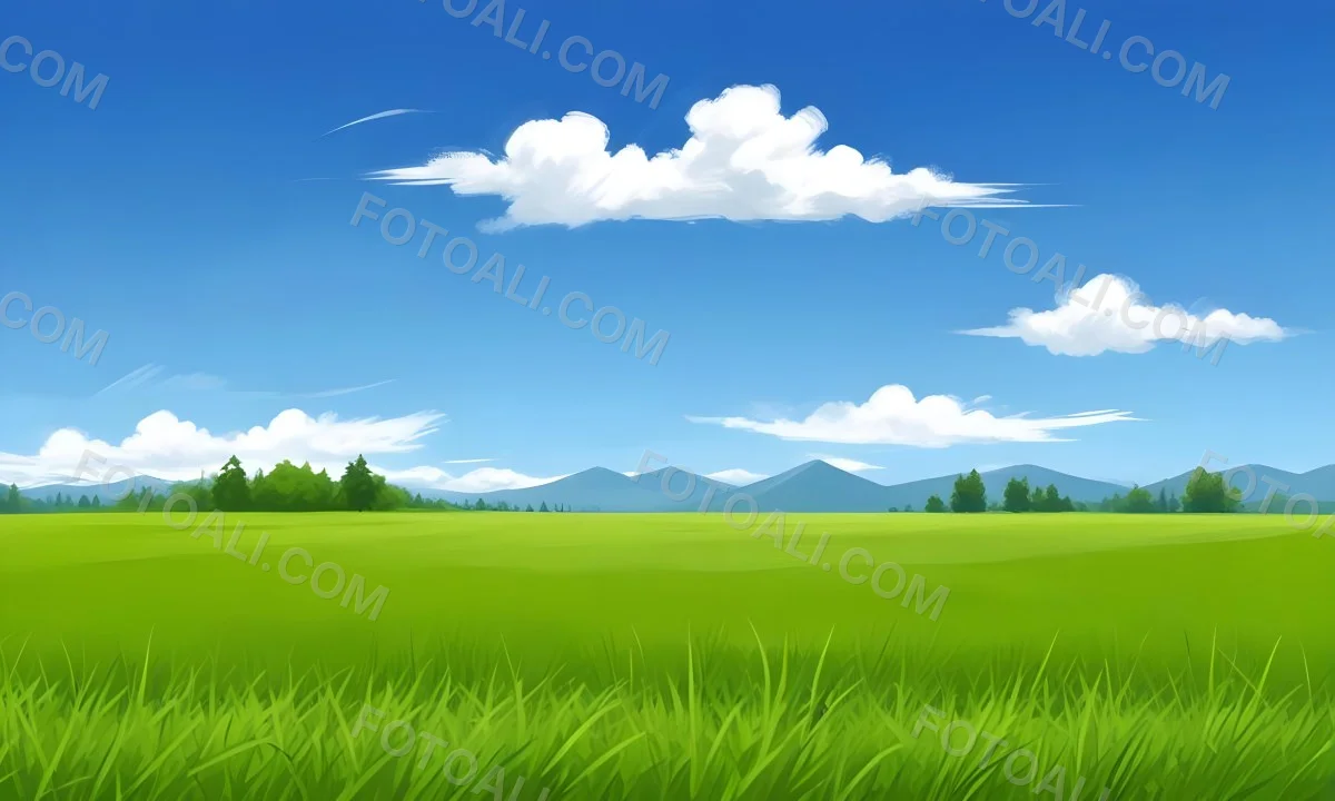 Green Grass Field With Some Grass In The Foreground Blue Sky With White Clouds Mountains And Trees In The Background 32 Df9d