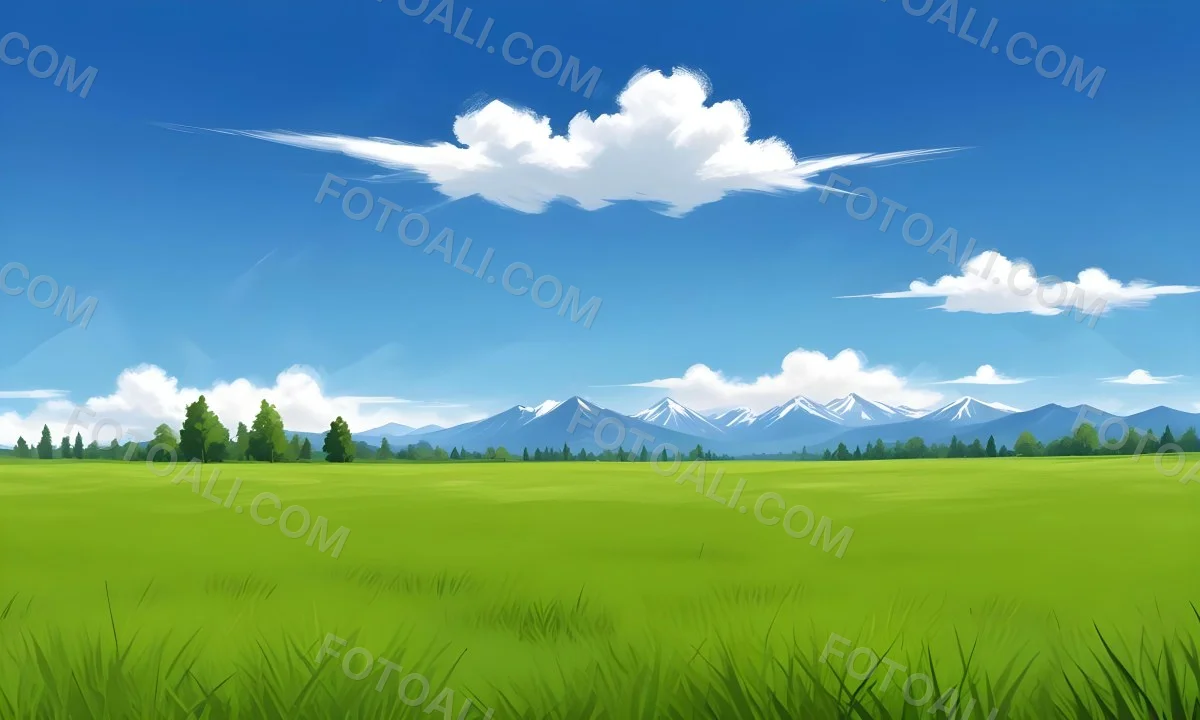 Green Grass Field With Some Grass In The Foreground Blue Sky With White Clouds Mountains And Trees In The Background 34 0c07
