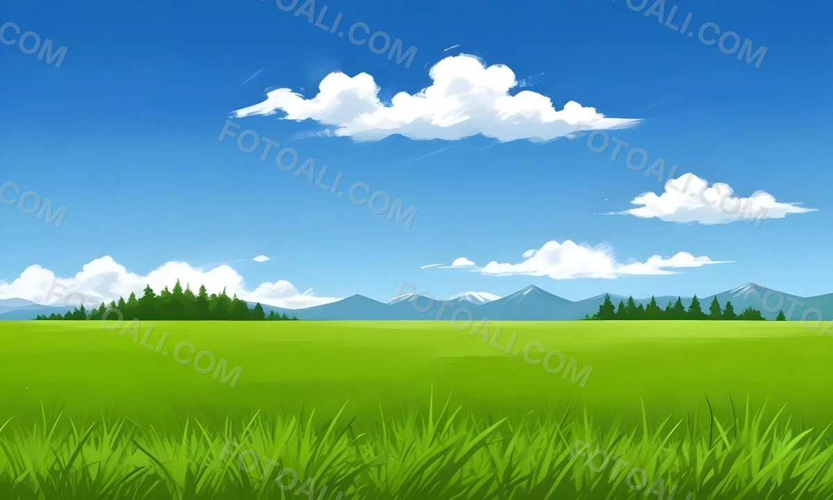 Green Grass Field With Some Grass In The Foreground Blue Sky With White Clouds Mountains And Trees In The Background 35 179e