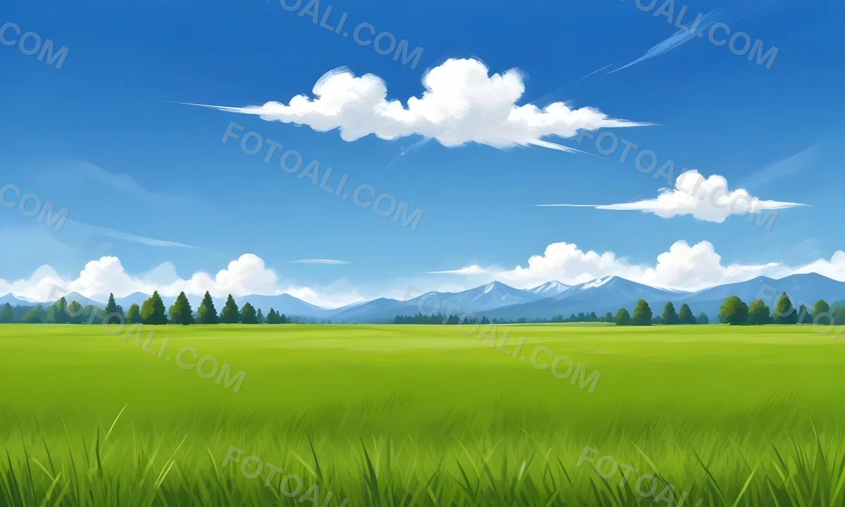 Green Grass Field With Some Grass In The Foreground Blue Sky With White Clouds Mountains And Trees In The Background 36 Eac5