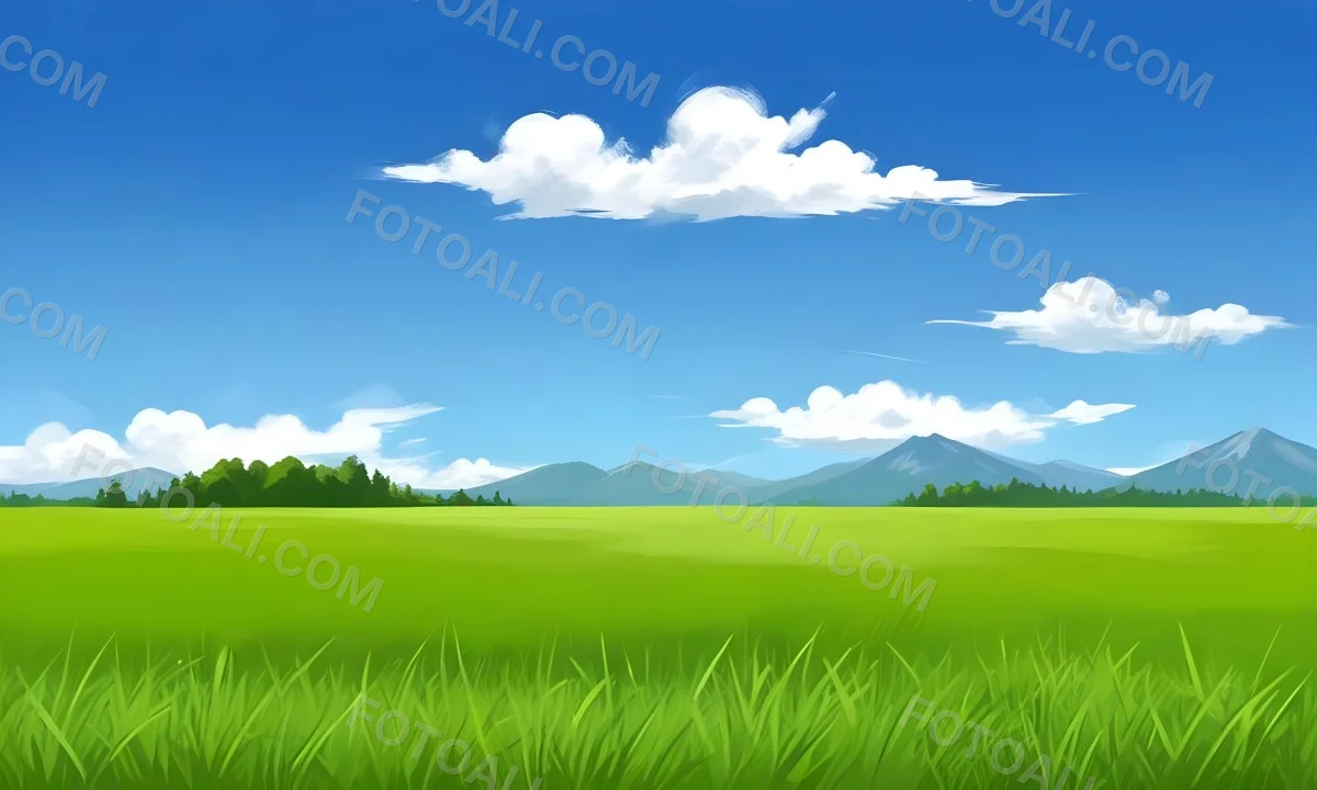 Green Grass Field With Some Grass In The Foreground Blue Sky With White Clouds Mountains And Trees In The Background 37 Fccd