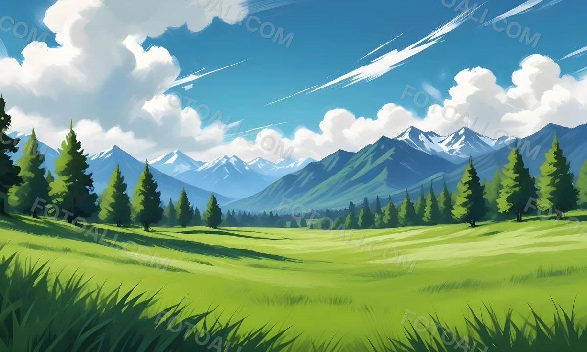 Green Grass Field With Some Grass In The Foreground Blue Sky With White Clouds Mountains And Trees In The Background 40 E8bc