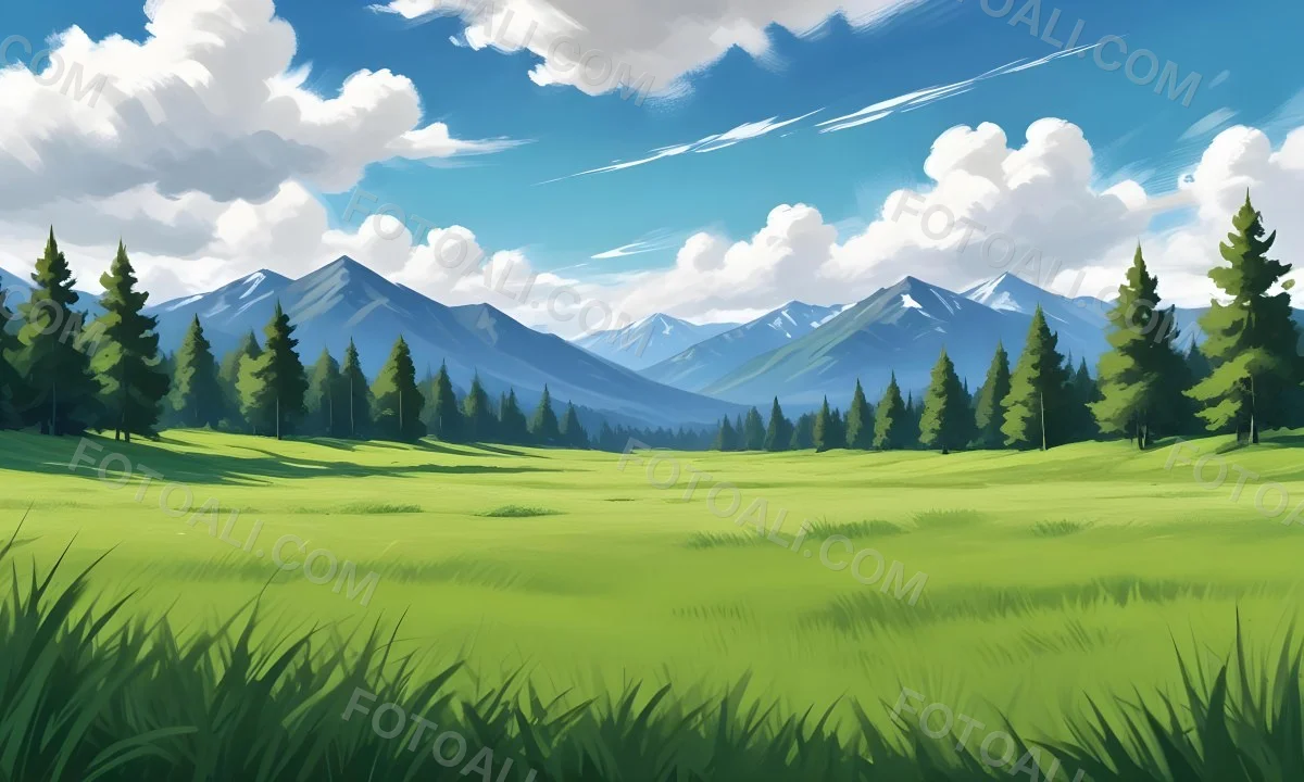 Green Grass Field With Some Grass In The Foreground Blue Sky With White Clouds Mountains And Trees In The Background 5 Da86
