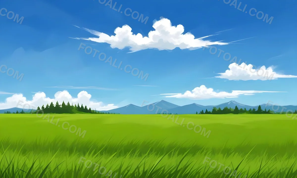 Green Grass Field With Some Grass In The Foreground Blue Sky With White Clouds Mountains And Trees In The Background 6 Fb7d