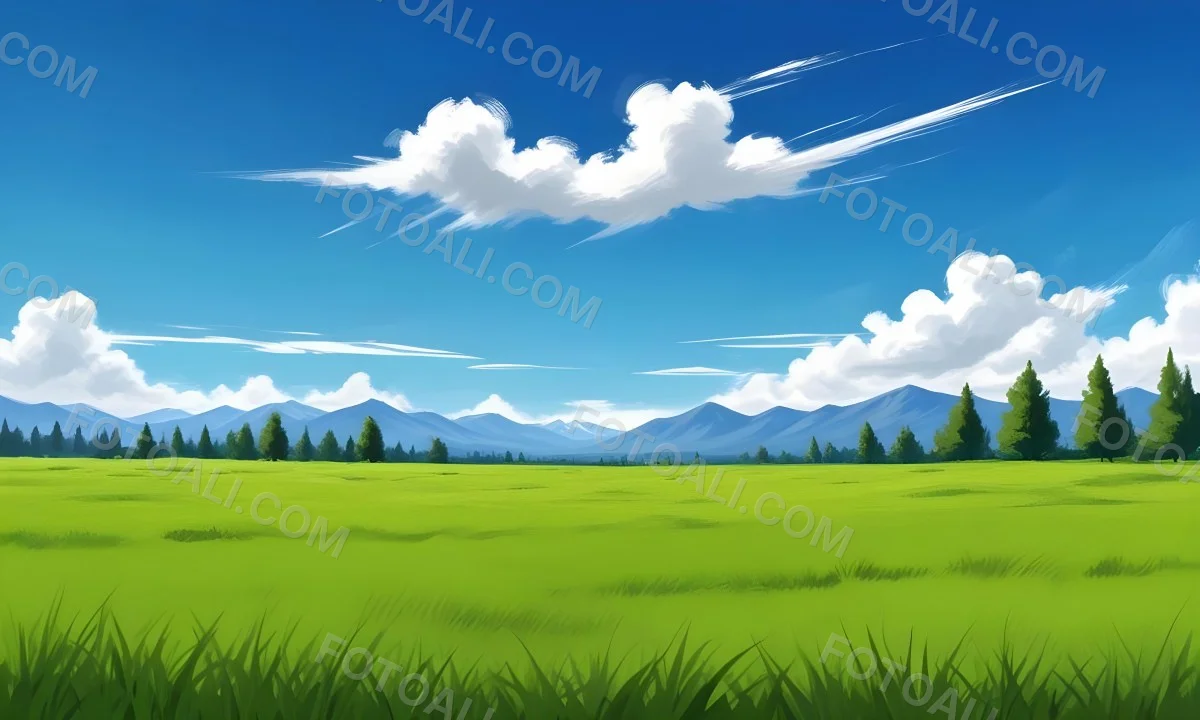 Green Grass Field With Some Grass In The Foreground Blue Sky With White Clouds Mountains And Trees In The Background 7 23be
