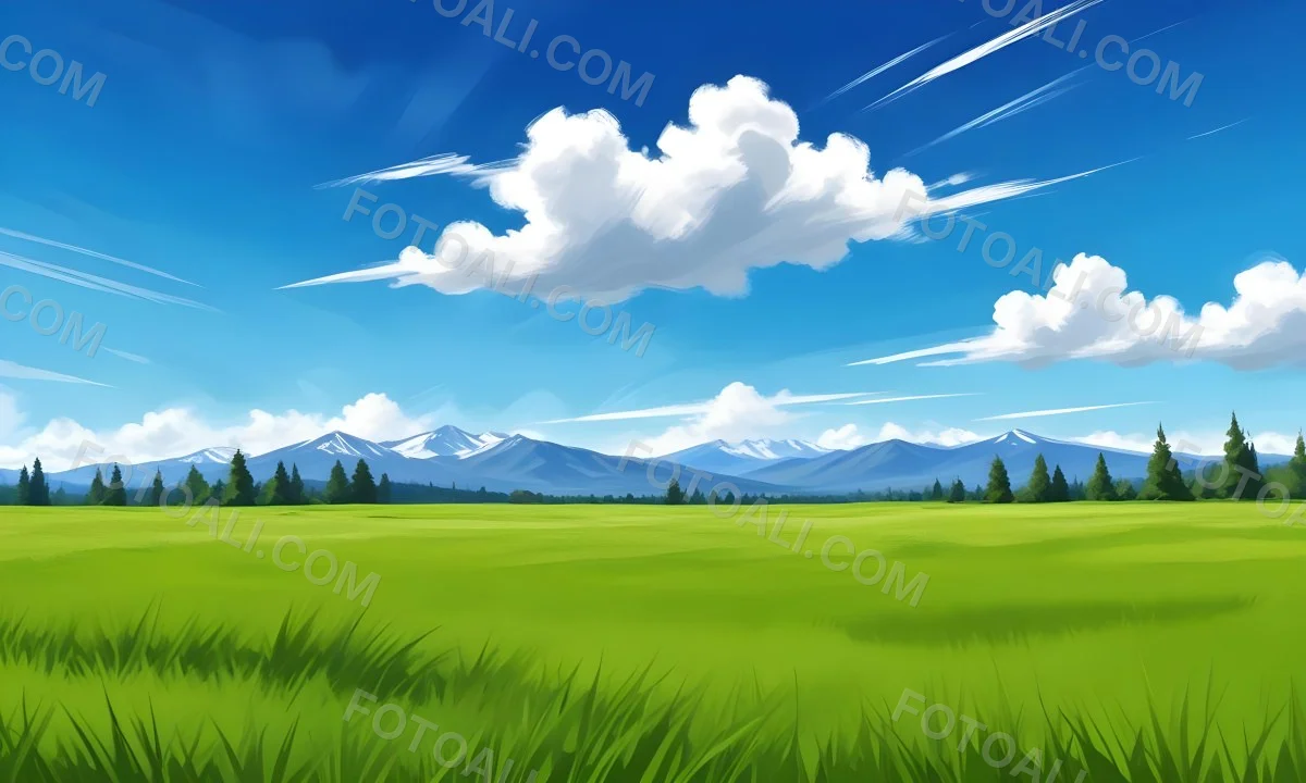 Green Grass Field With Some Grass In The Foreground Blue Sky With White Clouds Mountains And Trees In The Background 9 1f4b